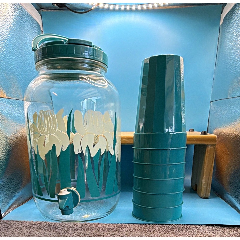 Vintage Countryside iris Clear Glass sun tea Dispenser Jar Teal Lid & 6 cups